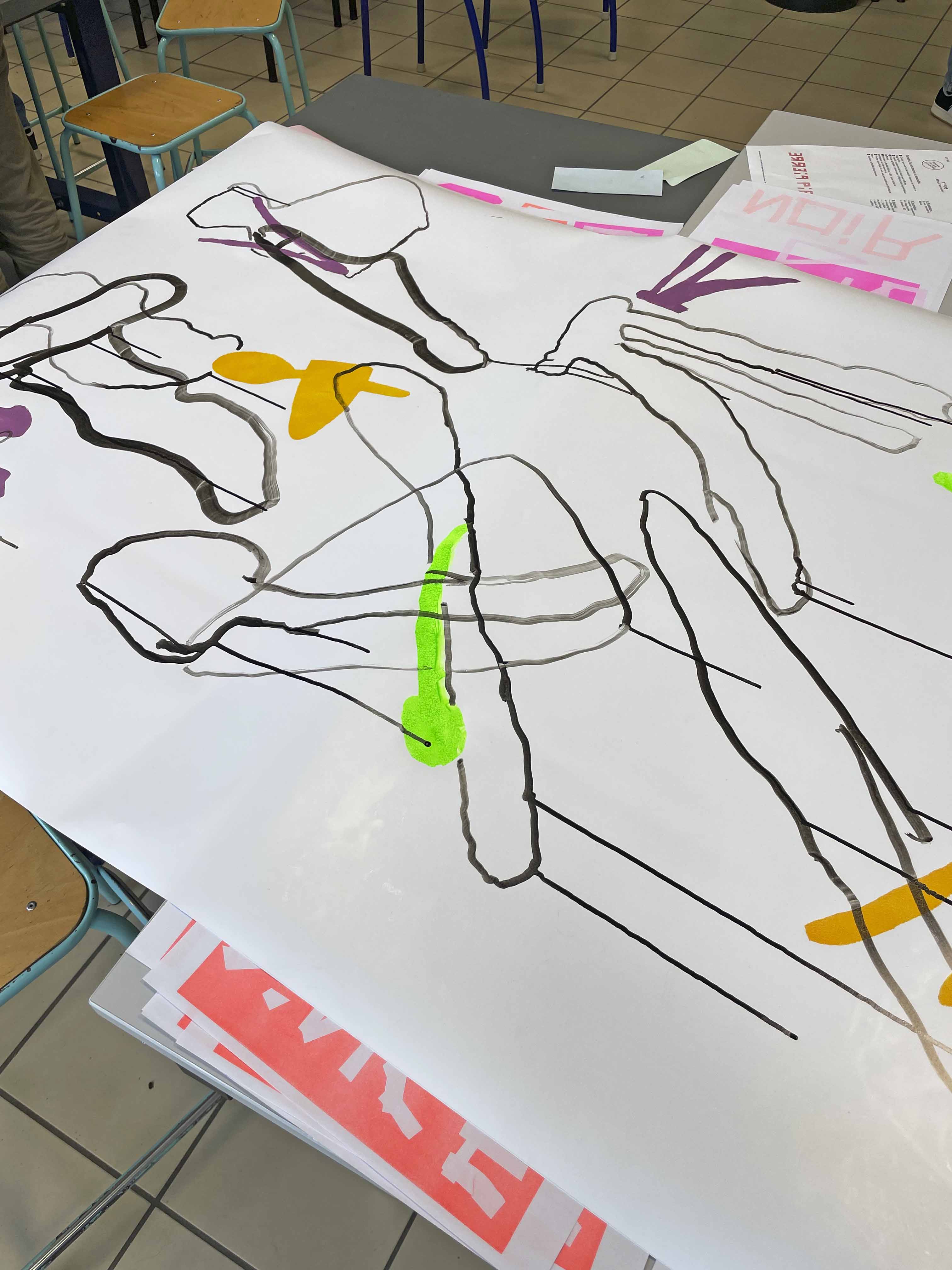Atelier pédagogique de création d’affiches grand format avec le Collège Olympe de Gouges à Chatte.