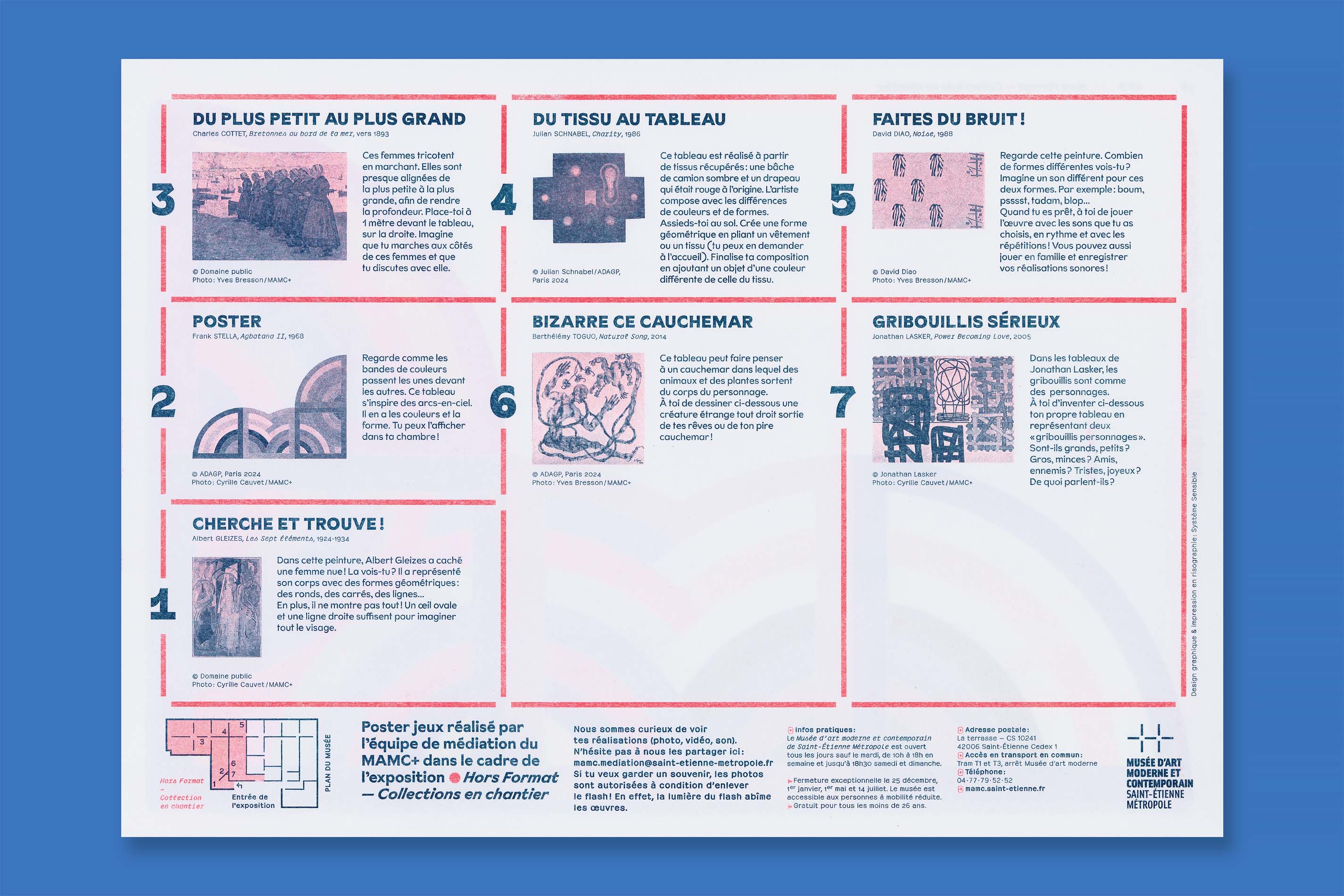 Identité visuelle, design graphique et impression riso de la revue Plus et du poster jeux Petit Plus du MAMC+