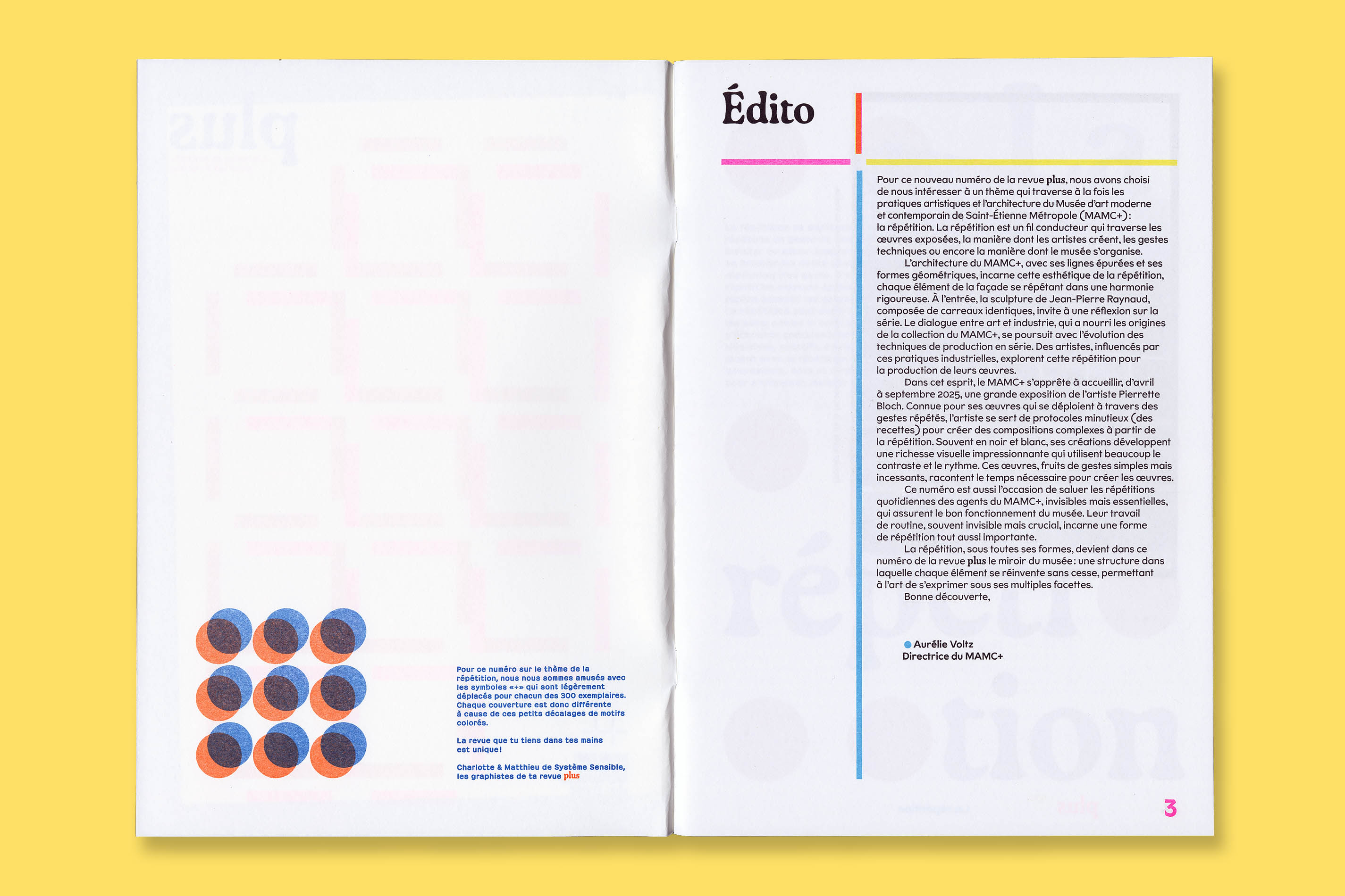 Design graphique et impression risographie de la revue Plus N°1 La Répétition pour le MAMC+
