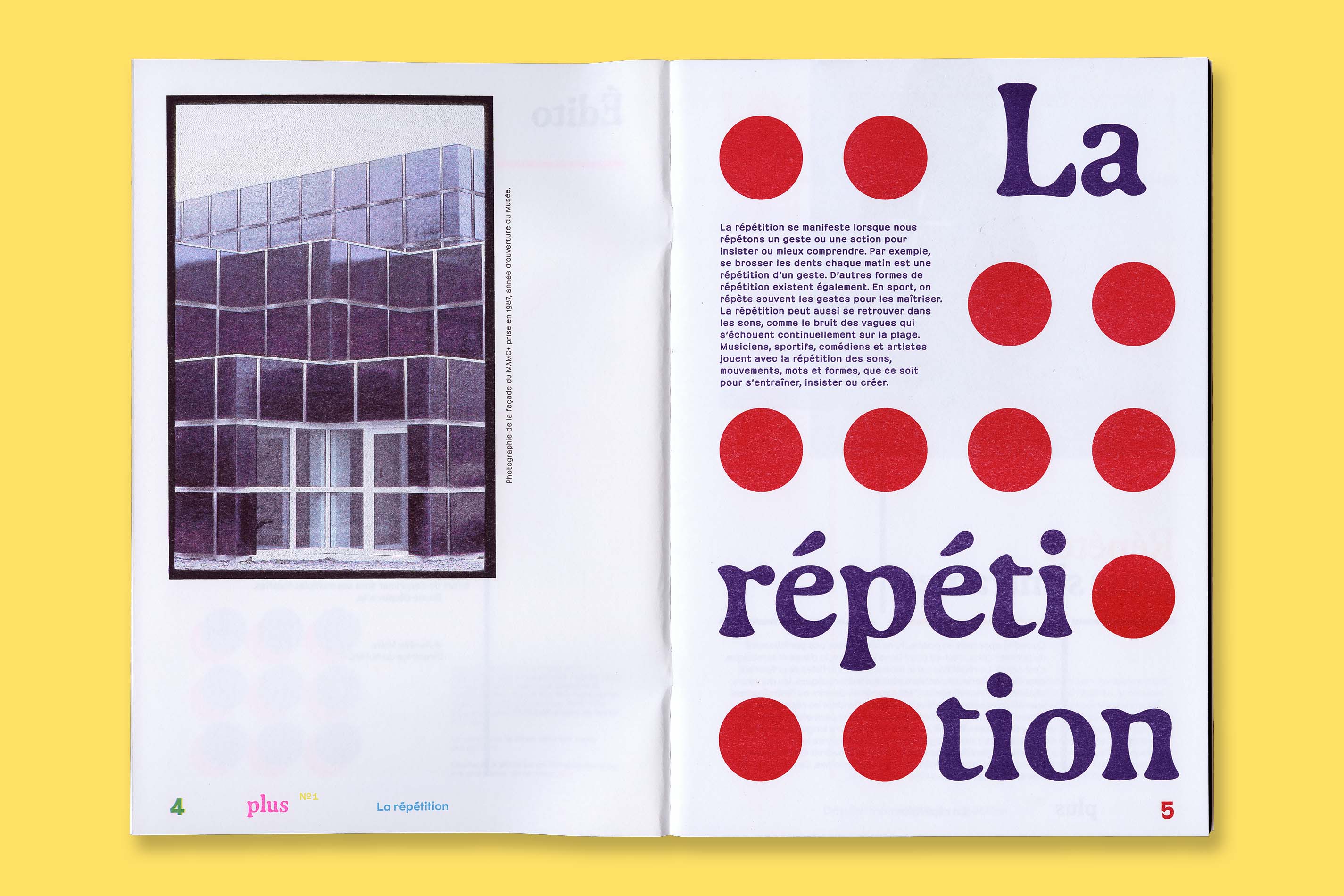 Design graphique et impression risographie de la revue Plus N°1 La Répétition pour le MAMC+