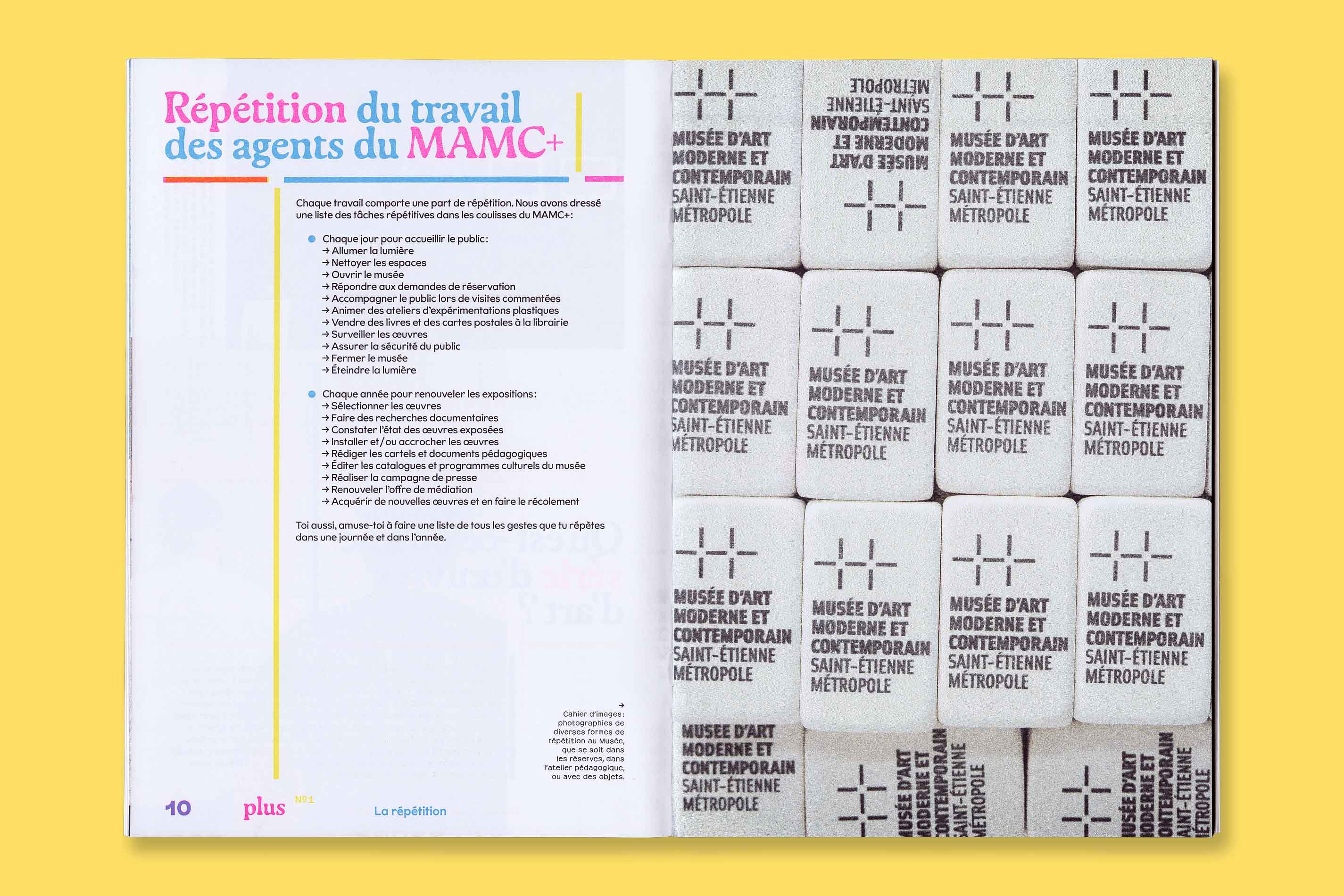 Design graphique et impression risographie de la revue Plus N°1 La Répétition pour le MAMC+
