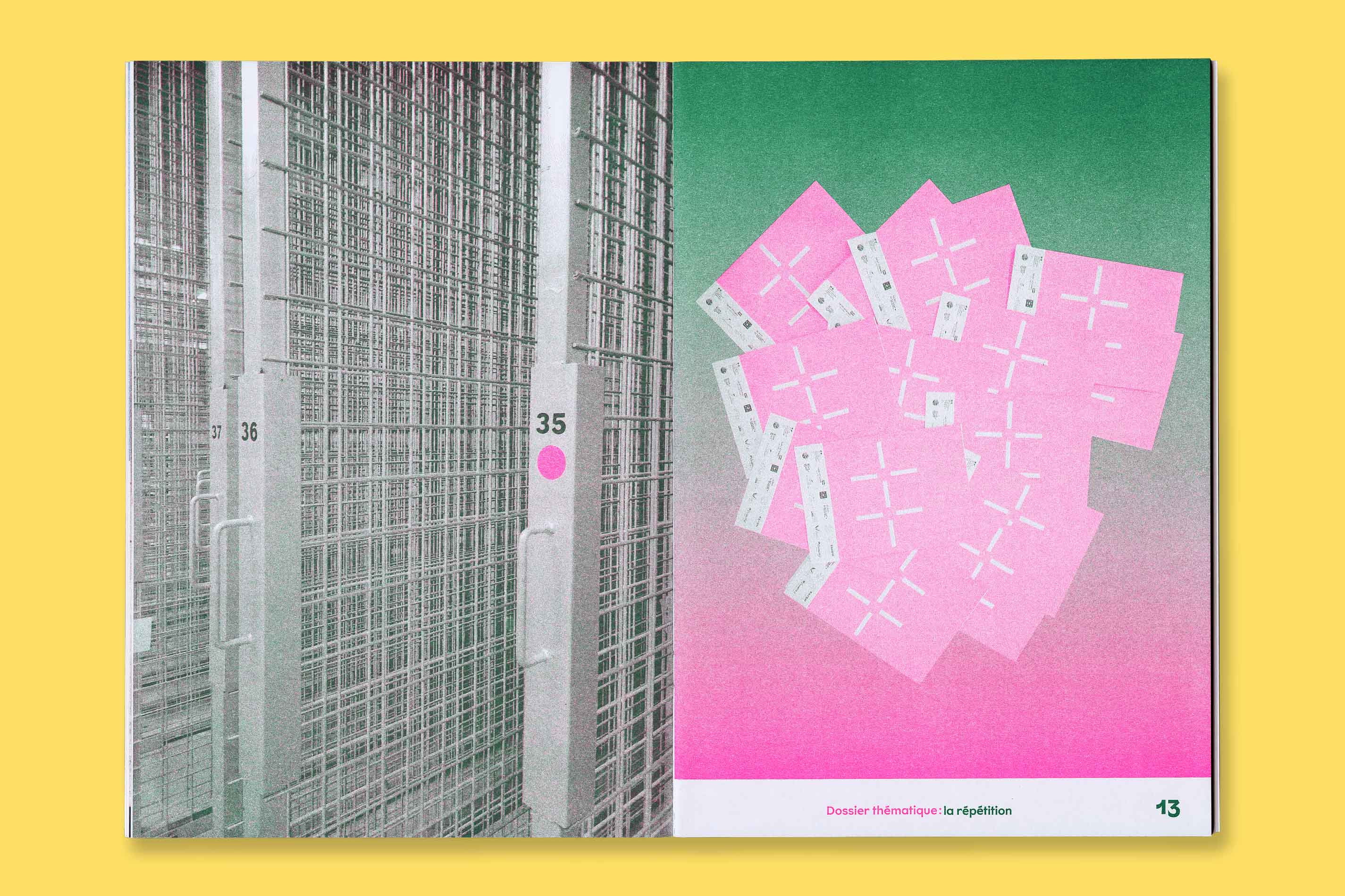 Design graphique et impression risographie de la revue Plus N°1 La Répétition pour le MAMC+