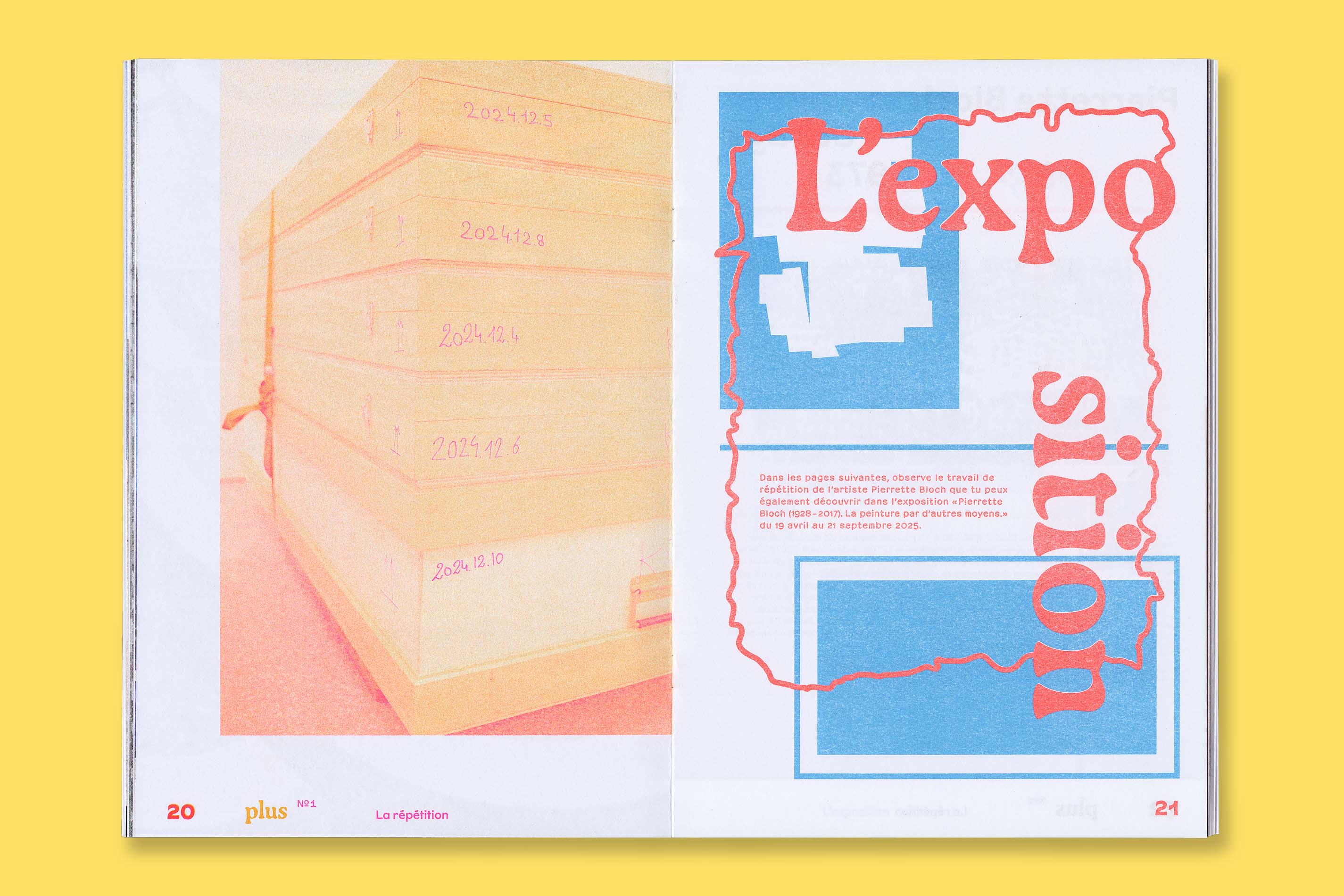 Design graphique et impression risographie de la revue Plus N°1 La Répétition pour le MAMC+