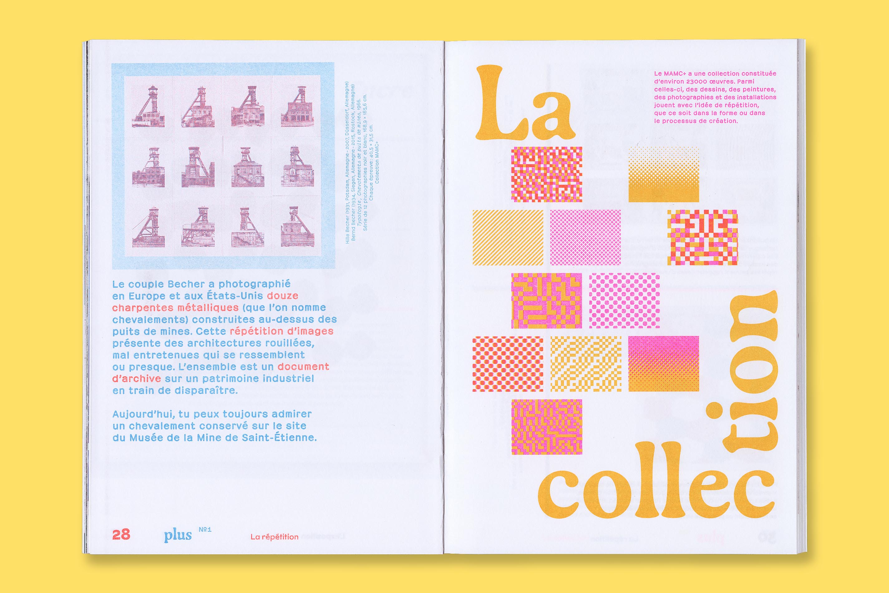 Design graphique et impression risographie de la revue Plus N°1 La Répétition pour le MAMC+