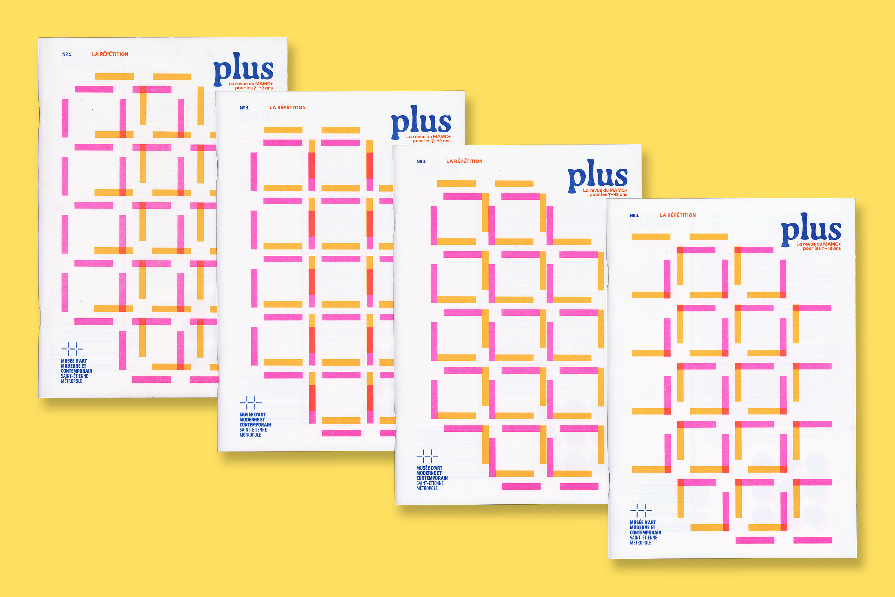 Design graphique et impression risographie de la revue Plus N°1 La Répétition pour le MAMC+